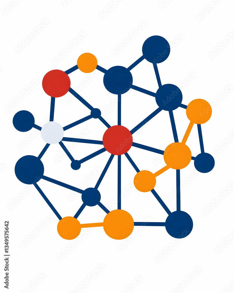 Abstract network graphic with interconnected nodes in varying colors Abstract network graphic with interconnected nodes in varying colors