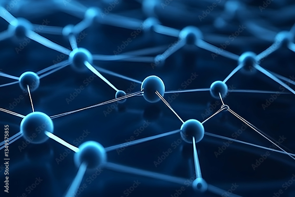 Abstract network of interconnected spheres, nodes and lines, rendered in deep blue hues Abstract network of interconnected spheres, nodes and lines, rendered in deep blue hues