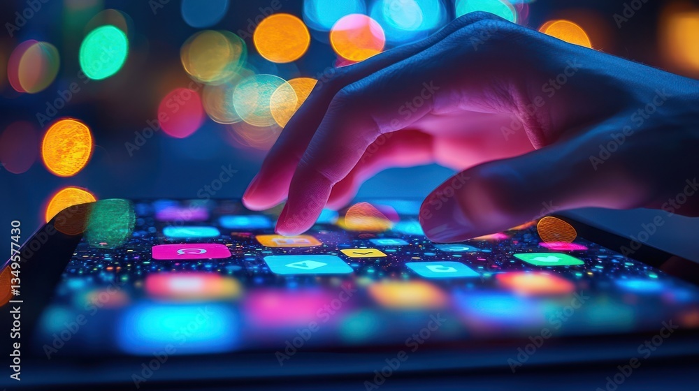 Hand interacting with glowing app icons Hand interacting with glowing app icons
