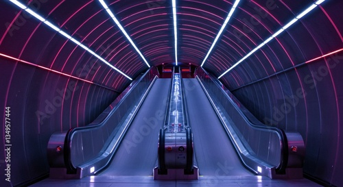 Neon illuminated escalator in modern tunnel. Abstract glowing stripes of light in an underground corridor for urban transit and futuristic architecture concept.
