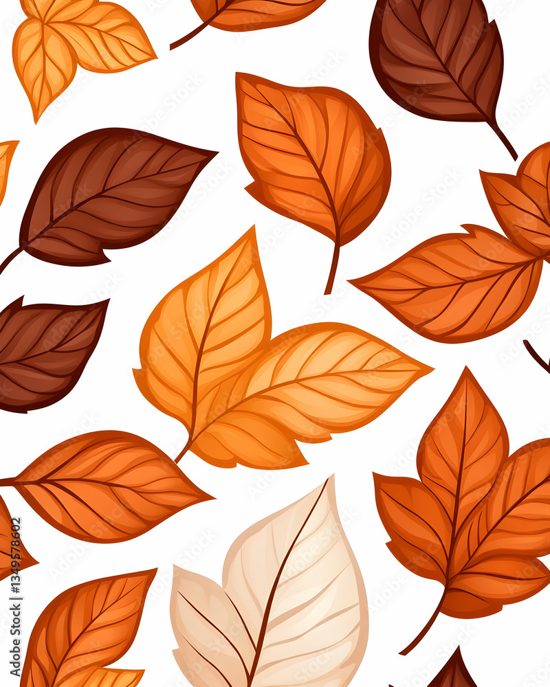 Obraz premium Autumn leaves seamless pattern in various shades of orange, brown, and beige on white background