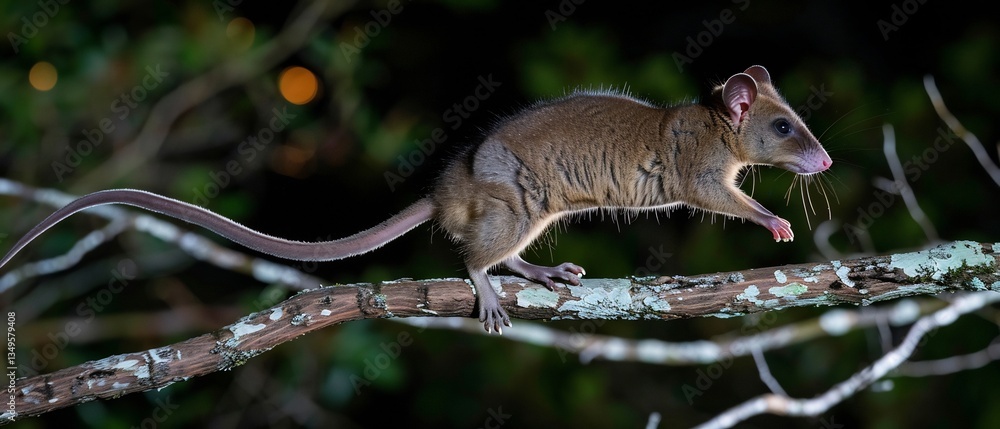 Obraz premium Wildlife action shot of Northern Brushtail Possum leaping between branch frozen mid air using high speed photography fast shutter dynamic pose showcase agility set against softly blurred moonlit