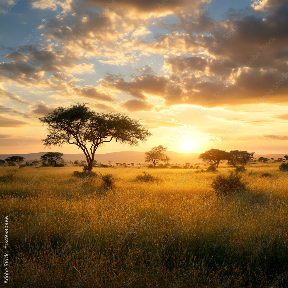 A scenic landscape featuring golden grasslands and scattered trees under a dramatic sunset sky horizon view A scenic landscape featuring golden grasslands and scattered trees under a dramatic sunset sky horizon view