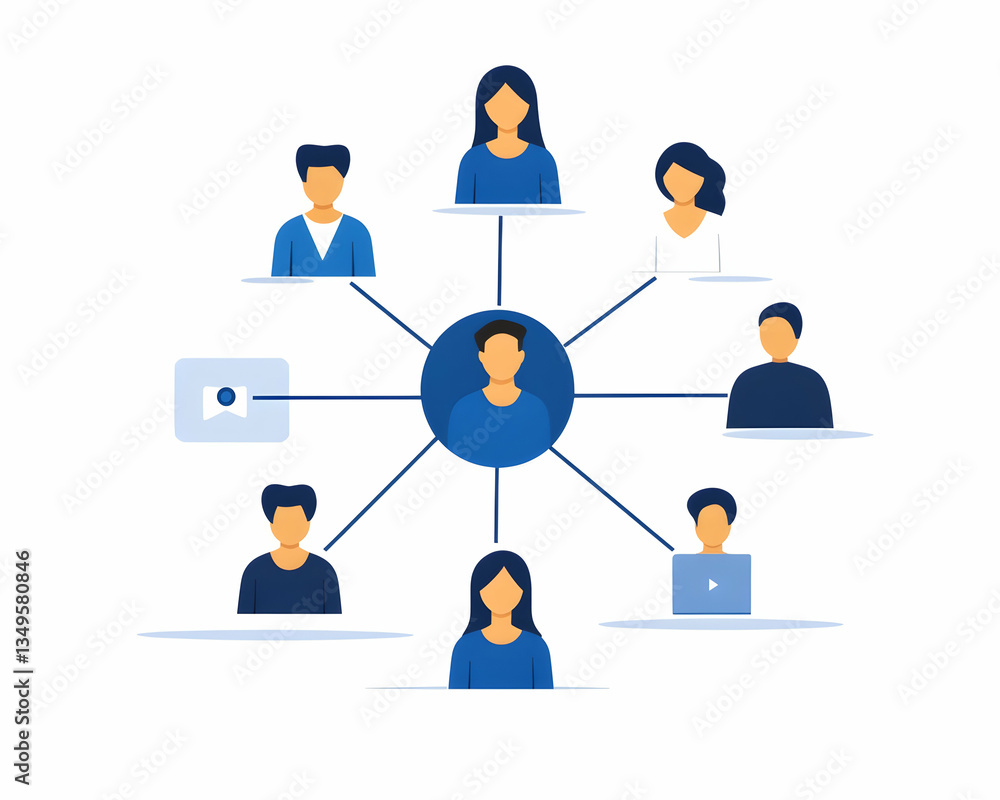 Central figure connected to a diverse team, illustrating networking and collaboration Central figure connected to a diverse team, illustrating networking and collaboration