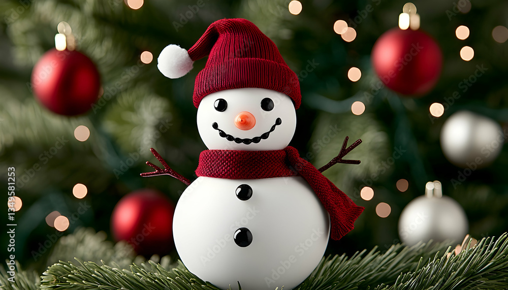 Cheerful snowman in red hat and scarf, nestled amidst a decorated Christmas tree Cheerful snowman in red hat and scarf, nestled amidst a decorated Christmas tree