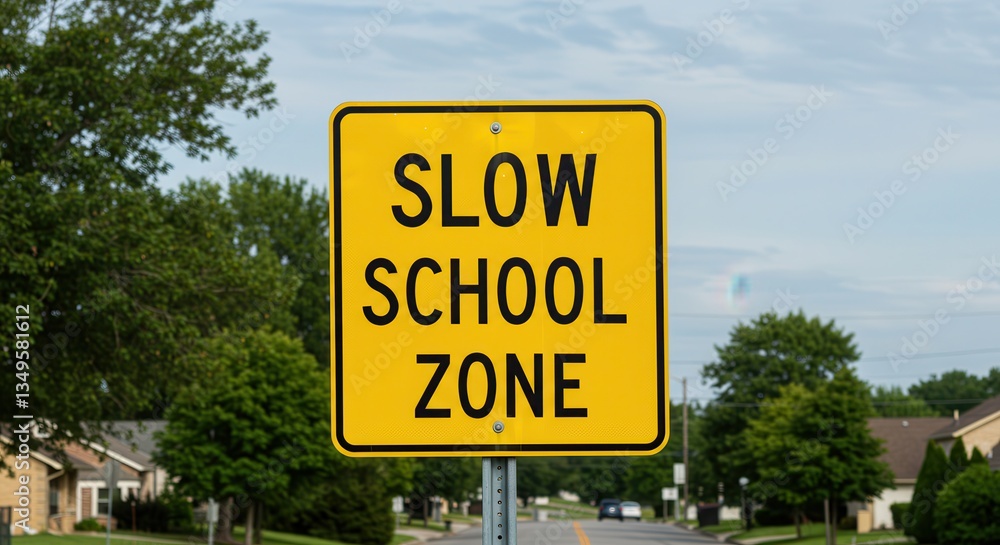 Yellow Slow School Zone Sign with Trees on Street Yellow Slow School Zone Sign with Trees on Street