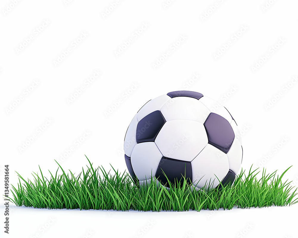 Fototapeta premium Classic soccer ball resting in vibrant green grass against a stark white backdrop