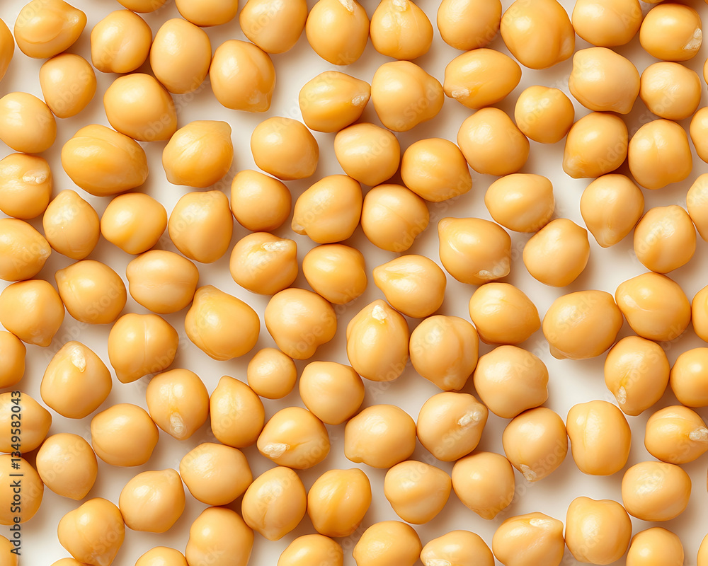 Close-up of numerous light beige chickpeas scattered on a white background Close-up of numerous light beige chickpeas scattered on a white background