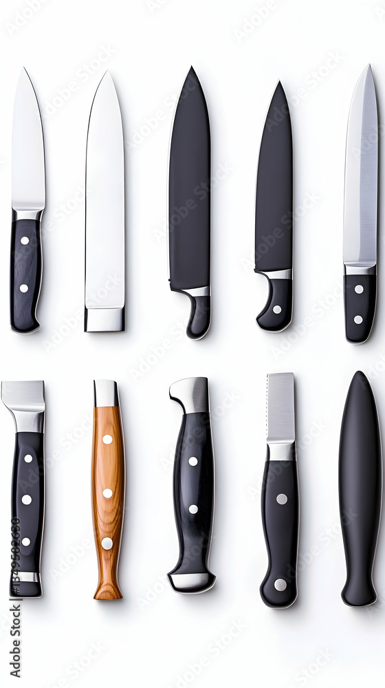 Collection of various kitchen knives, arranged neatly on white background Collection of various kitchen knives, arranged neatly on white background