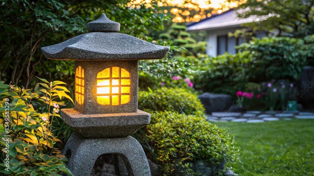 Illuminated Japanese garden lantern at dusk, home garden setting Illuminated Japanese garden lantern at dusk, home garden setting