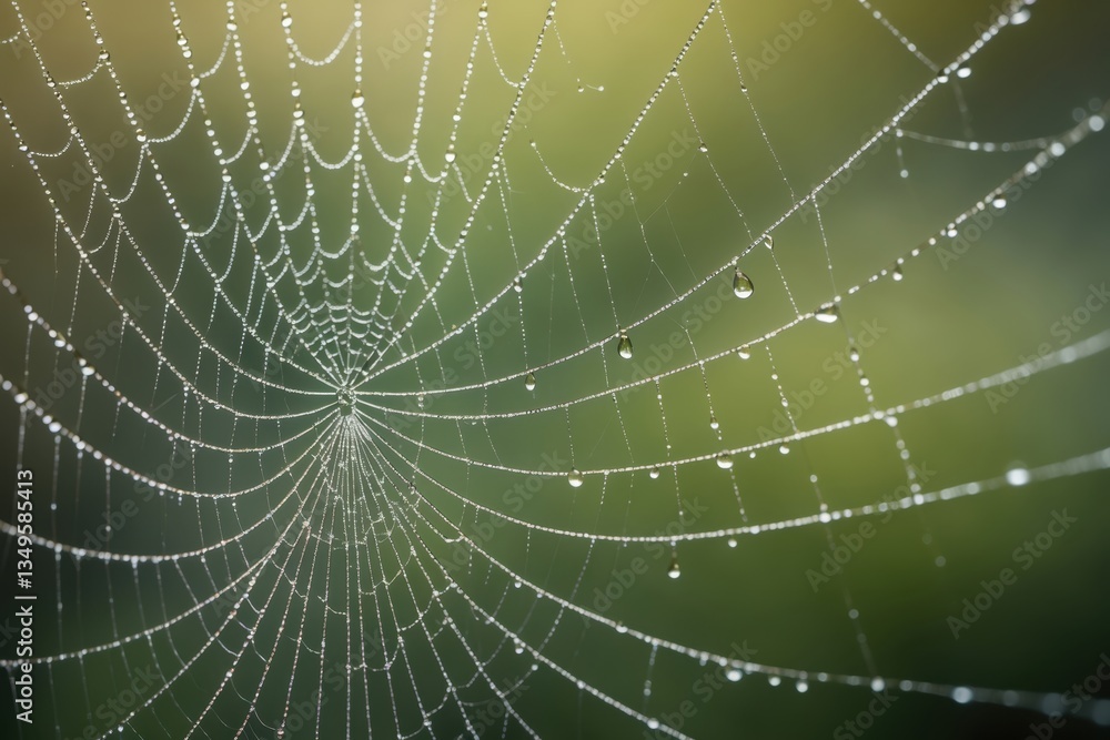 Close-up of a delicate spider web adorned with glistening dew drops against a soft green background, showcasing intricate designs Close-up of a delicate spider web adorned with glistening dew drops against a soft green background, showcasing intricate designs