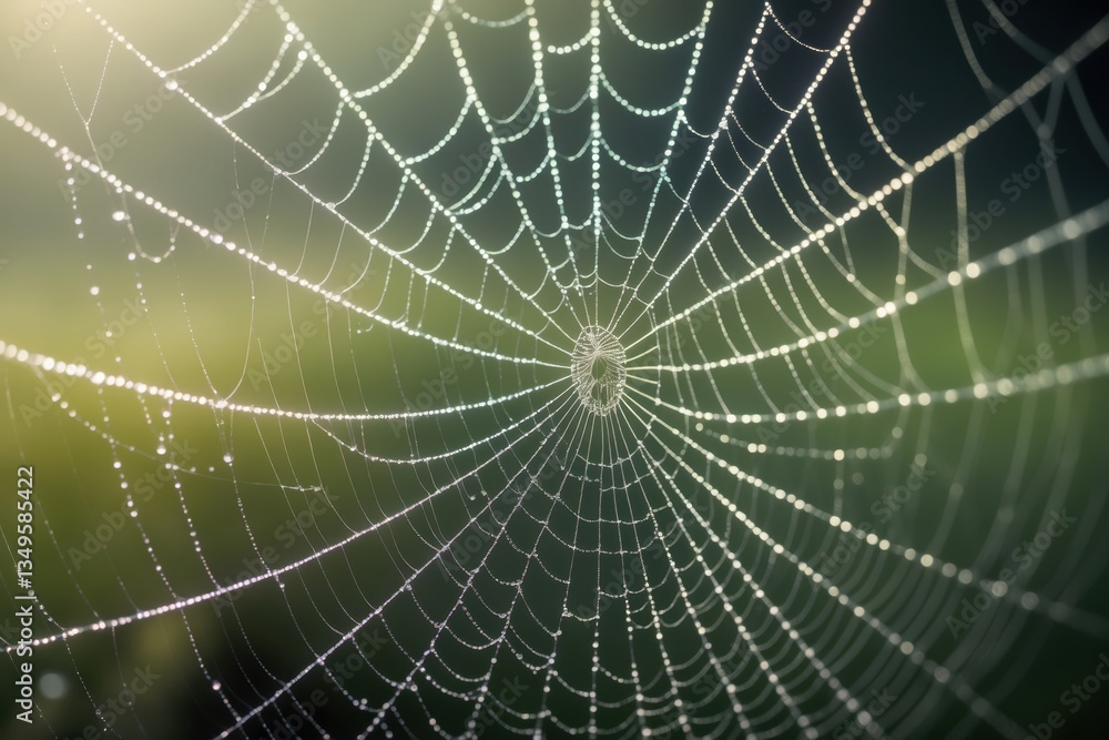 Naklejka premium Close-up of a delicately woven spider web adorned with droplets of dew in a natural setting, conveying tranquility