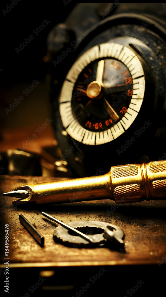 Fototapeta premium Vintage tools and gauge on workbench, close-up, dark background; ideal for industrial or mechanical projects