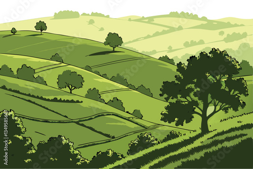 1 Rolling green hills, lush grassland, undulating landscape, vibrant verdant meadow, sunlit pastoral scene, serene countryside, gentle slopes, natural terrain, isolated on white background, photoreali