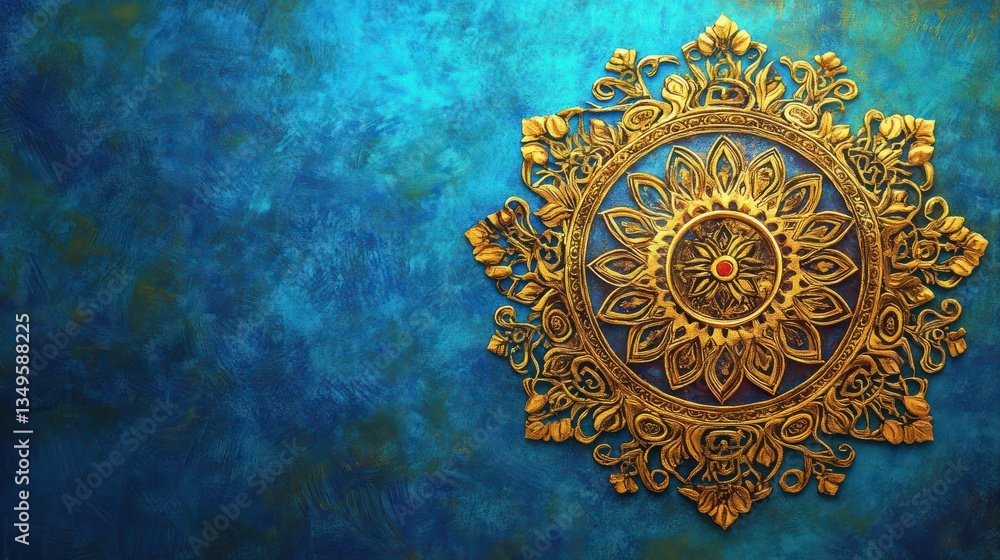 Gold mandala on blue textured wall, design element, decorative art Gold mandala on blue textured wall, design element, decorative art
