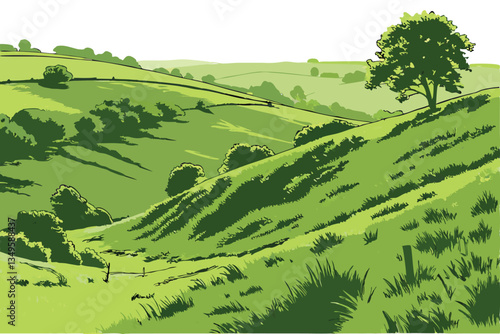 1 Rolling green hills, lush grassland, undulating landscape, vibrant verdant meadow, sunlit pastoral scene, serene countryside, gentle slopes, natural terrain, isolated on white background, photoreali