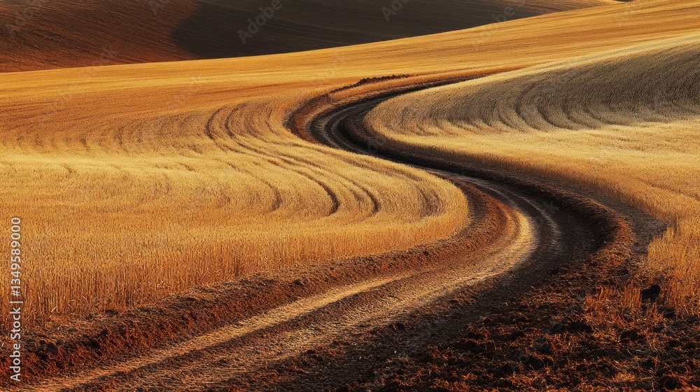 Winding farm road through golden wheat fields at sunset, rural landscape, agriculture Winding farm road through golden wheat fields at sunset, rural landscape, agriculture