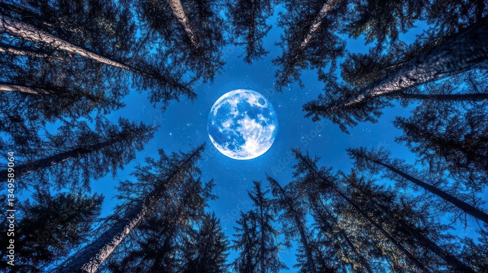 Naklejka premium Full moon night, forest, trees, starry sky, low angle, nature wallpaper