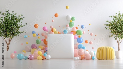 Colorful Balloons and Minimalist Square Display in Modern Interior Design with Green Foliage Accents