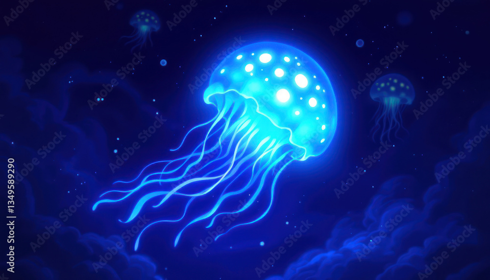 Naklejka premium Luminous Jellyfish in a Deep Blue Ocean: A Digital Painting