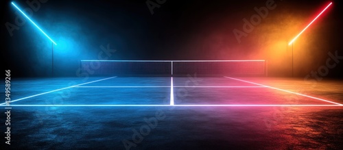An empty tennis court lit with neon lights in the dark