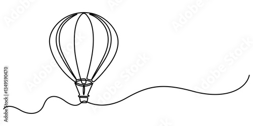 Hot air balloons flying in sky sign. Continuous one line drawing, Continuous Line Drawing of Hot Air Balloon Icon. Hand Drawn Symbol Vector Illustration, Travel flying on aerostat in sky logo divider.