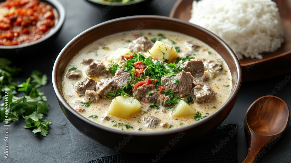 Creamy lamb stew with potatoes, rice, and garnish Creamy lamb stew with potatoes, rice, and garnish