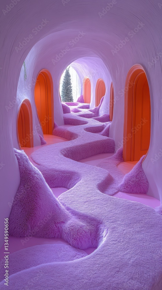 Soft pink tunnel with winding path and orange accents, leading to light Soft pink tunnel with winding path and orange accents, leading to light