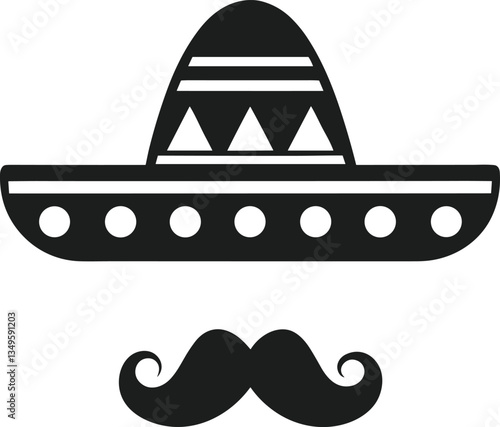 Minimalist Mexican Sombrero and Mustache Vector - Black Silhouette Icon