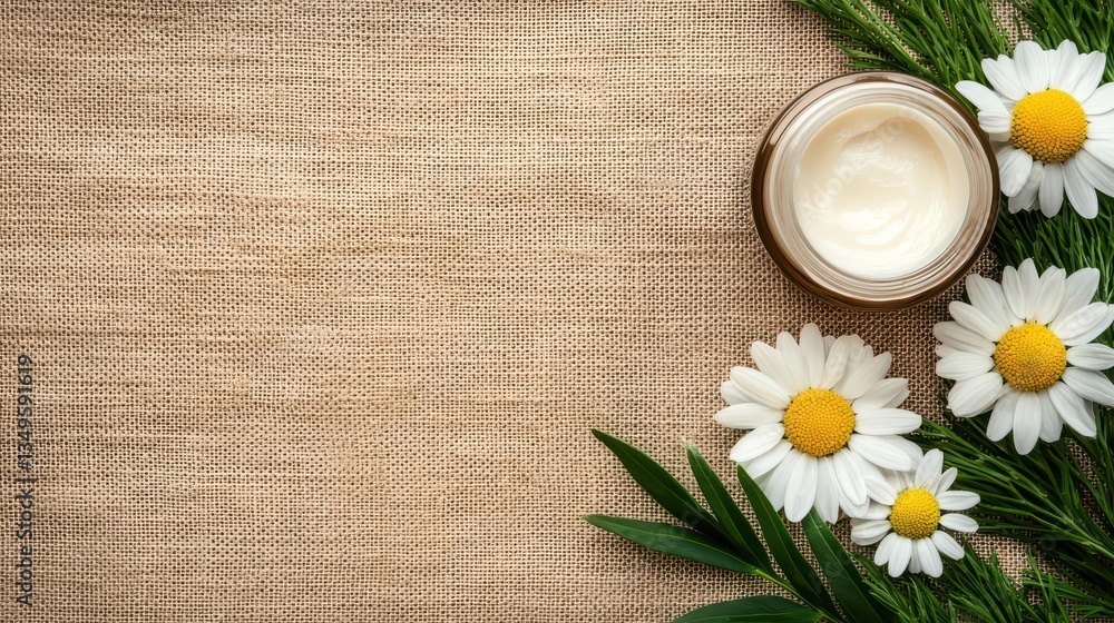 Cream jars and daisies on a burlaptextured surface, rustic skincare charm Cream jars and daisies on a burlaptextured surface, rustic skincare charm