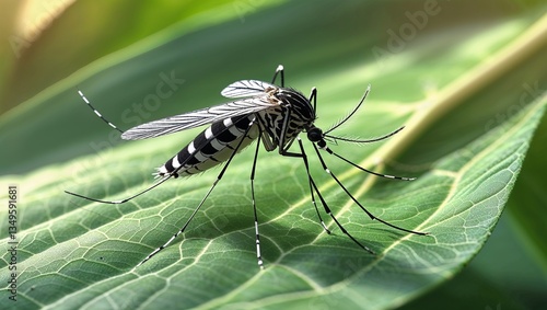 Wallpaper Mural Close-up of a mosquito, the dengue fever vector, resting on a green leaf, Macro shot of an Aedes albopictus mosquito resting on a green leaf,  Medical Campaigns, health protection resourses Torontodigital.ca