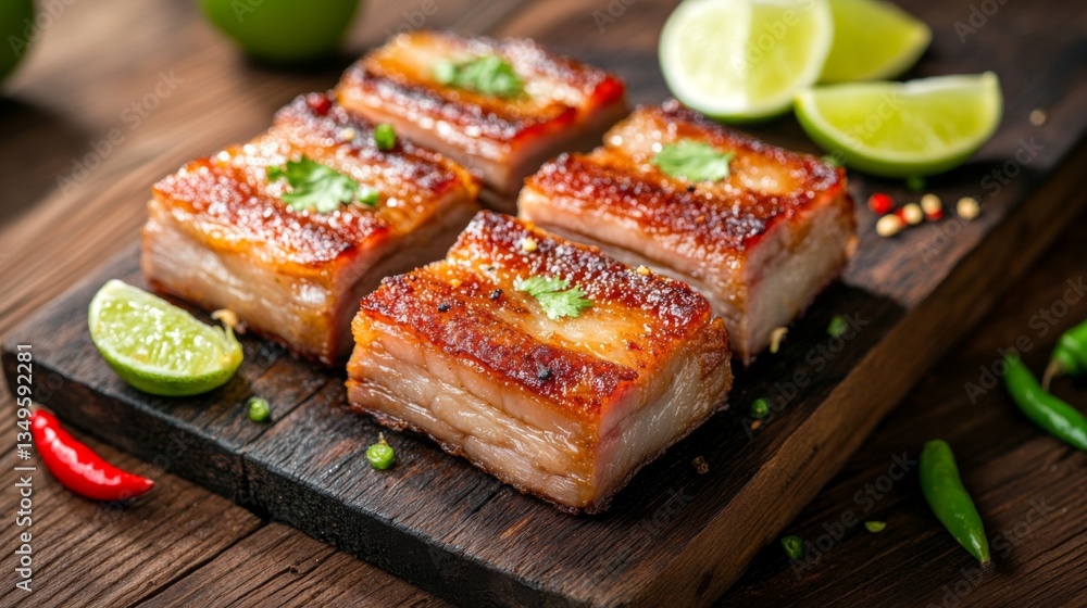 A close-up view of perfectly fried pork belly, showcasing its crispy skin and juicy meat, served on a rustic wooden board with lime wedges and chili slices. A close-up view of perfectly fried pork belly, showcasing its crispy skin and juicy meat, served on a rustic wooden board with lime wedges and chili slices.