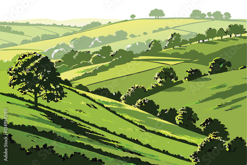 1 Rolling green hills, lush grassland, undulating landscape, vibrant verdant meadow, sunlit pastoral scene, serene countryside, gentle slopes, natural terrain, isolated on white background, photoreali