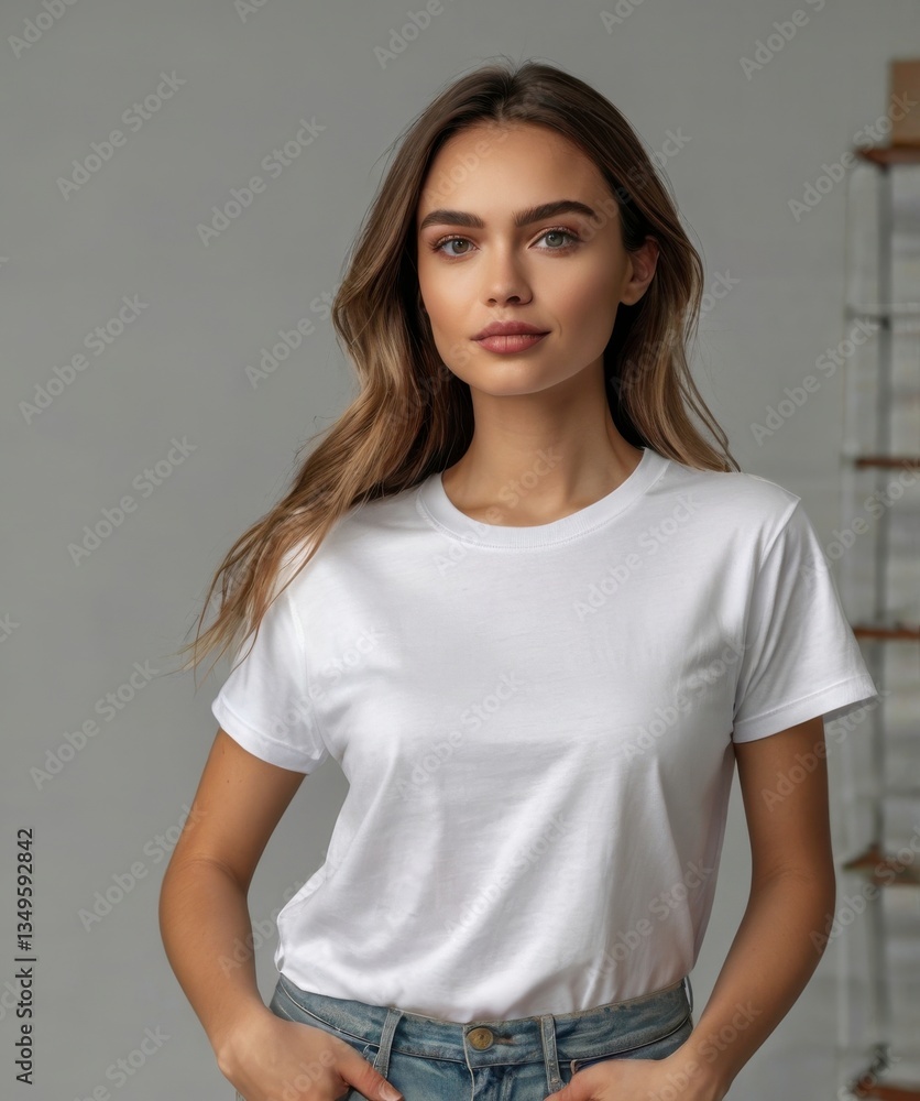 Portrait of a Young Woman in White T Shirt and Jeans Portrait of a Young Woman in White T Shirt and Jeans