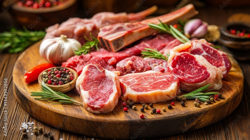 A colorful arrangement of fresh meat cuts, including steaks and chops, on a wooden cutting board, garnished with garlic and rosemary for added flavor. A colorful arrangement of fresh meat cuts, including steaks and chops, on a wooden cutting board, garnished with garlic and rosemary for added flavor.