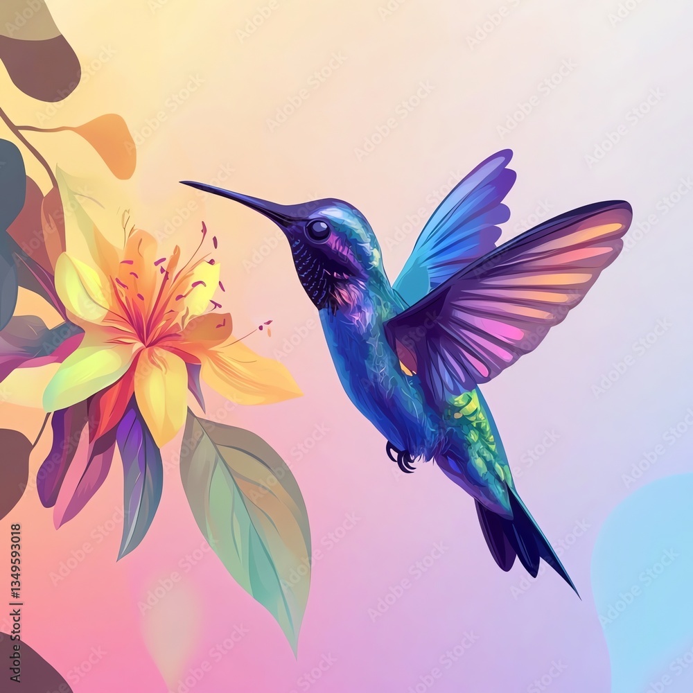 Obraz premium Hummingbird Flying Near Flower with Bright Colorful Wings Illustration
