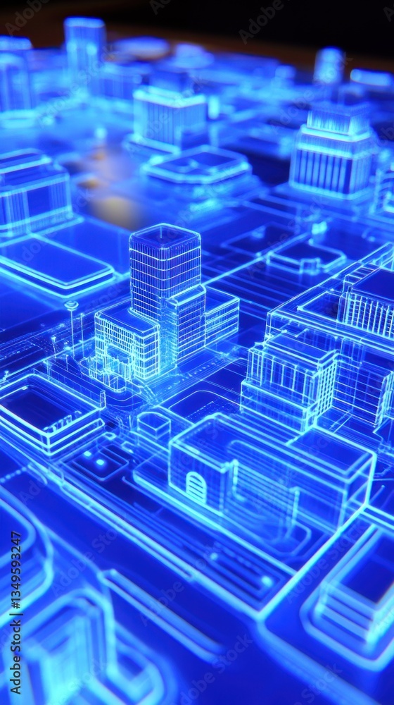 A futuristic blue illuminated miniature cityscape is presented up close A futuristic blue illuminated miniature cityscape is presented up close
