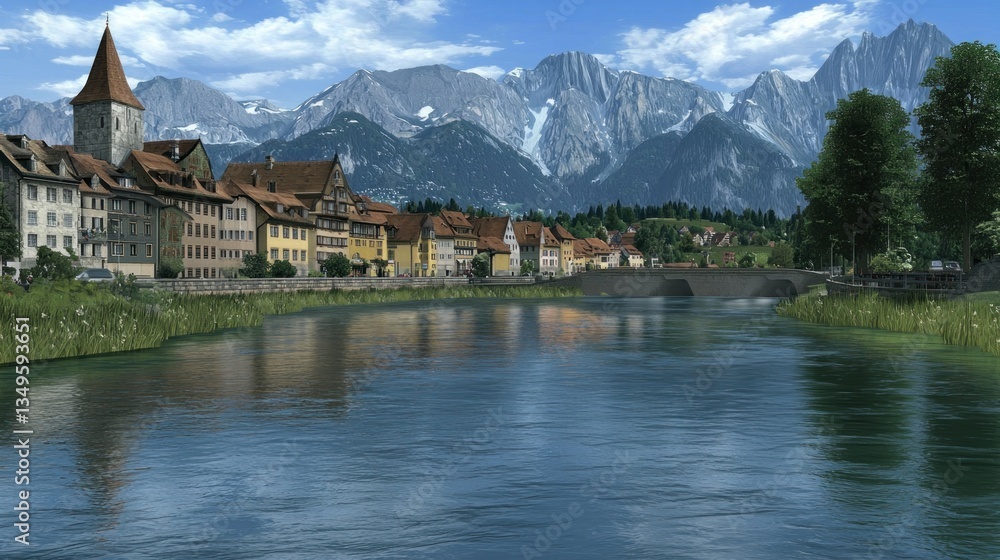Fototapeta premium Picturesque Alpine Town Reflecting on River