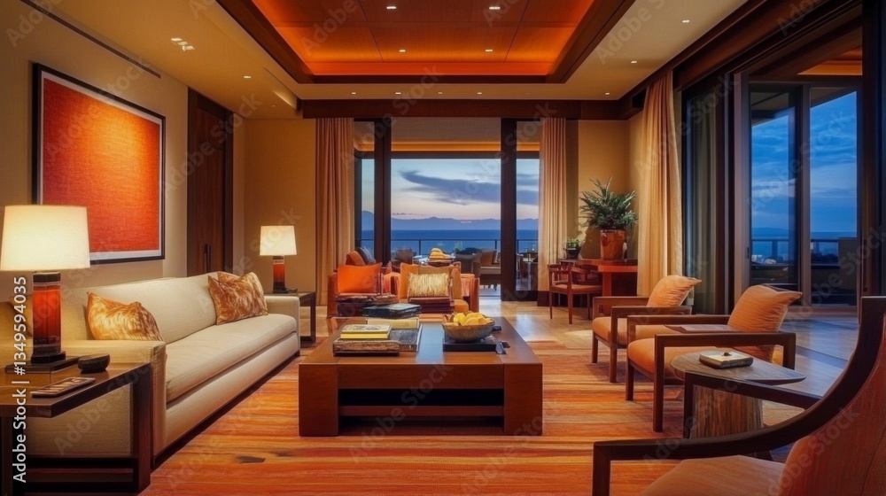 Fototapeta premium A contemporary living room with sleek furniture, a minimalist coffee table, and a warm color palette that provides a harmonious and calming atmosphere.