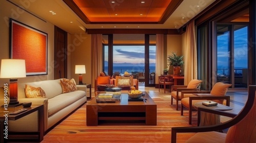 Wallpaper Mural A contemporary living room with sleek furniture, a minimalist coffee table, and a warm color palette that provides a harmonious and calming atmosphere. Torontodigital.ca