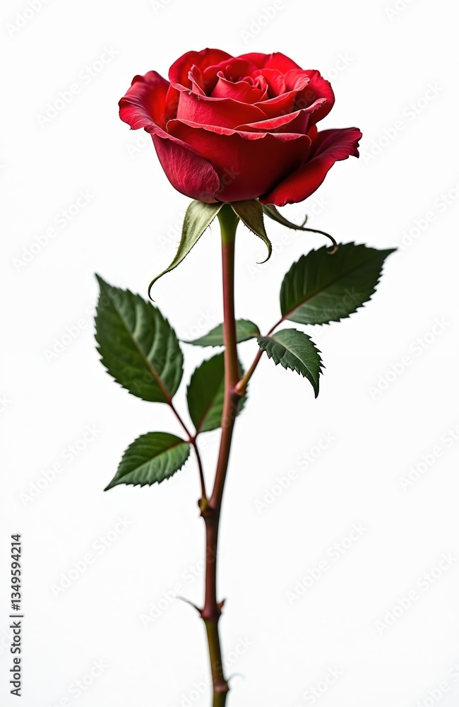 Fototapeta premium Red rose isolated on white background. Beautiful single flower with stem, green leaves. Perfect for romantic designs, Valentines Day cards, wedding invitations, love messages, floral arrangements.