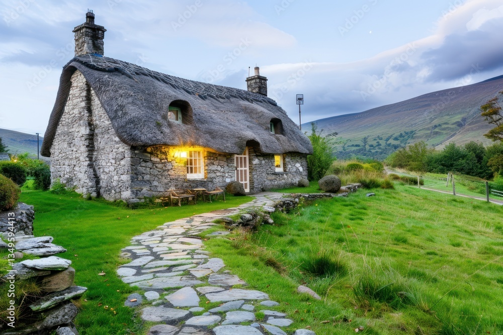 Fototapeta premium Peaceful Thatched Cottage In Rolling Green Fields