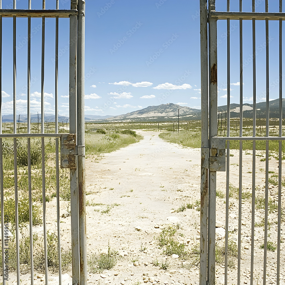Fototapeta premium Open gate leading to desert path, mountains in background; freedom, escape concept