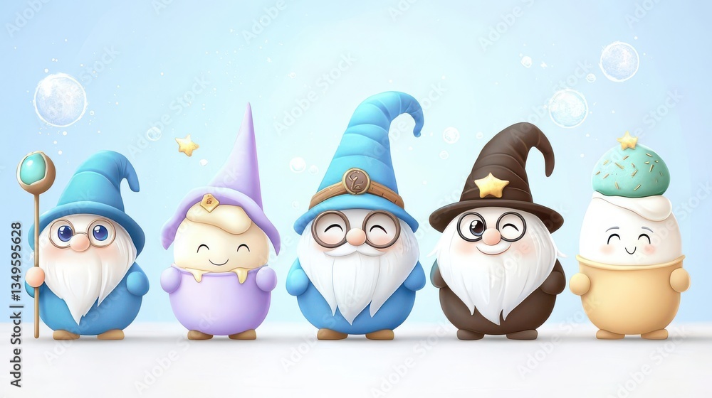 Obraz premium Playful gnomes with colorful hats on a light background, ideal for whimsical designs.