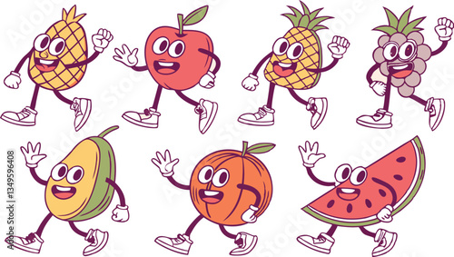 Retro groovy fruit characters. Fruits juicy sticker pack.
Funky cartoon mascot of watermelon grape cherry banana strawberry with happy smile face & hands and feet. Vintage summer SVG vector illustrati