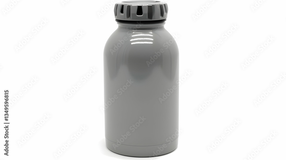 Grey water bottle on white background; hydration, studio shot, product photography Grey water bottle on white background; hydration, studio shot, product photography