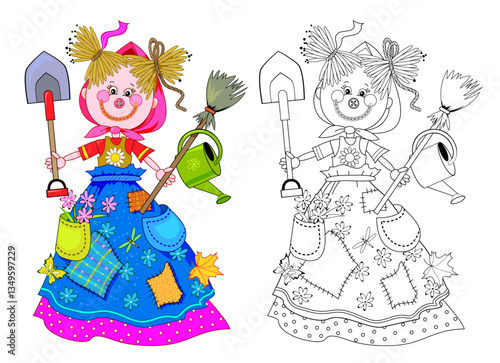 Drawing of a cute smiling garden scarecrow. Colorful and black and white illustration of puppet for kids coloring book. Worksheet for children and adults. Flat hand drawn vector.