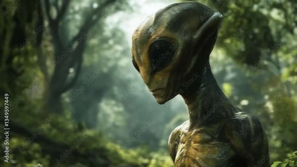 Strange alien creature standing in the middle of a lush green forest ...