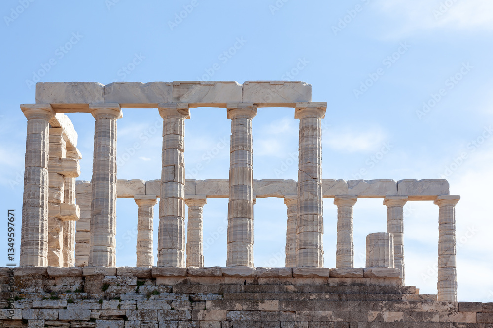 Temple of Poseidon at Sounio Cape, in south Attica region, Greece, Europe. The temple was built in 5th century BC and was dedicated to the god of sea.