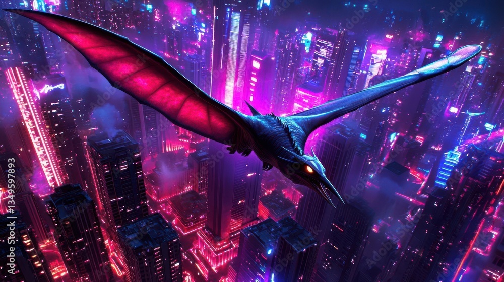 Fototapeta premium Futuristic creature soaring through neon cityscape at night.